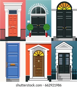 Entrance doors. A set of entrance doors. A set of entrance doors in a flat style. Set of colorful front doors for homes and buildings. Vector illustration Eps10 file