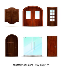 Entrance doors set of realistic 3d images with vintage classic and modern doors made of different materials vector illustration
