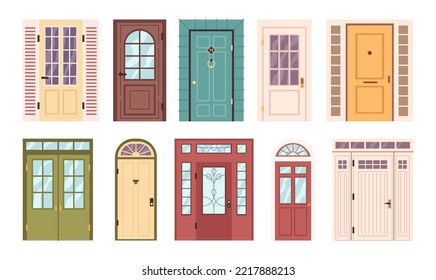 Entrance doors variety of designs, isolated part of construction. Exterior of home or house, building element with windows and knobs. Vector in flat style