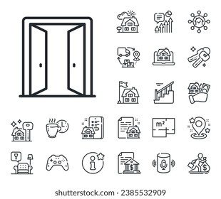 Entrance doorway sign. Floor plan, stairs and lounge room outline icons. Open door line icon. Building exit symbol. Open door line sign. House mortgage, sell building icon. Real estate. Vector