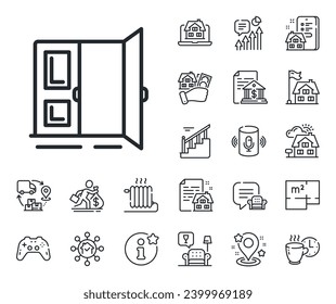 Entrance doorway sign. Floor plan, stairs and lounge room outline icons. Open door line icon. Building exit symbol. Open door line sign. House mortgage, sell building icon. Real estate. Vector