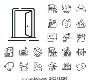 Señal de la puerta de entrada. Plano del suelo, escaleras y iconos del contorno del salón. Icono de la línea de la puerta abierta. Generar símbolo de entrada. Signo de la línea de la puerta abierta. hipoteca de vivienda, ícono de la venta de edificio. Inmobiliaria. Vector