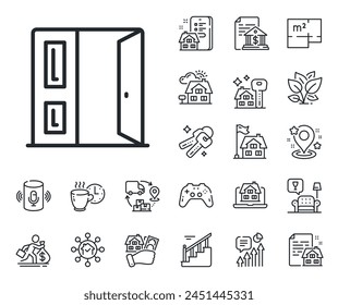 Señal de entrada. Iconos de contorno de Plan de planta, escaleras y salón. Icono de línea de puerta abierta. Construyendo símbolo de salida. Señal de línea de puerta abierta. Hipoteca de la casa, vender icono del edificio. Bienes raíces. Vector