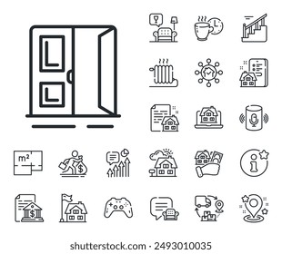 Entrance doorway sign. Floor plan, stairs and lounge room outline icons. Open door line icon. Building exit symbol. Open door line sign. House mortgage, sell building icon. Real estate. Vector