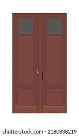 Entrance double door, dark red wooden portal. Entry front doorway, european style design. Vector illustration.