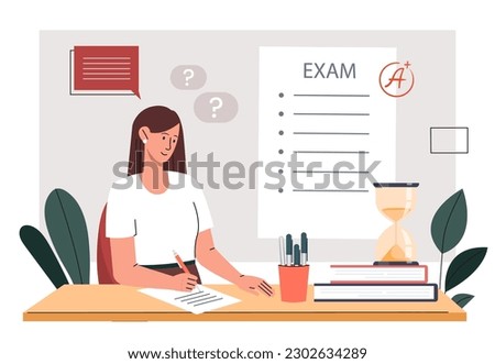 Entrance exam concept. Woman sits at table and writes on notebook page. Education and training, university or college test. Student writing test. Cartoon flat vector illustration