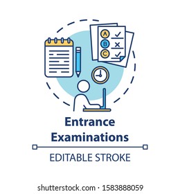 Entrance examination concept icon. Entry exam. Passing test. Fight for study place. Check knowledge and level of training idea thin line illustration. Vector isolated outline drawing. Editable stroke