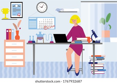 Entrance exams preparation flat composition with living room interior and female character preparing to scheduled exam vector illustration