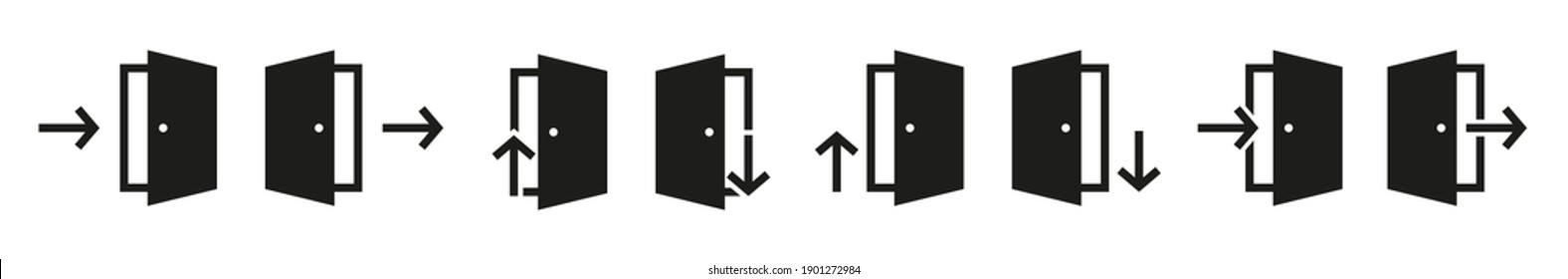 Entrance exit door with arrow icon sign. Door open and closed vector illustration. Home office concept. 