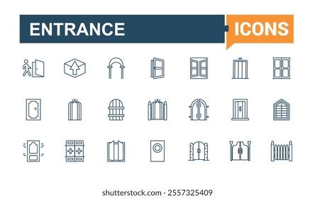 Entrance And Exit icon pack. Containing entry, enter, isolated, open, ui, approach, go and more. Perfect for logos and infographics. Editable stroke.