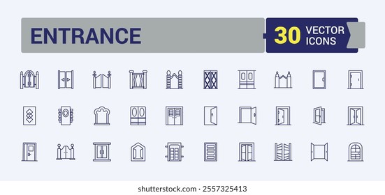 Entrance And Exit icon pack. Containing entry, enter, isolated, open, ui, approach, go and more. Perfect for logos and infographics. Editable stroke.