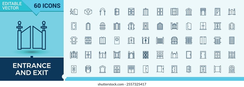 Entrance And Exit icon pack. Containing entry, enter, isolated, open, ui, approach, go and more. Perfect for logos and infographics. Editable stroke.