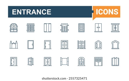 Entrance And Exit icon pack. Containing entry, enter, isolated, open, ui, approach, go and more. Perfect for logos and infographics. Editable stroke.