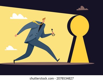 Entrance and exit. New opportunities. Tiny man hurrying to keyhole with key. Person running to open door. Businessman searching success and achievements. Future chances. Vector concept