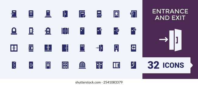 Entrance And Exit solid icon collections. Includes flat filled stroke, quit, white, approach, door and more. Simple icon designs. Editable vector illustration.