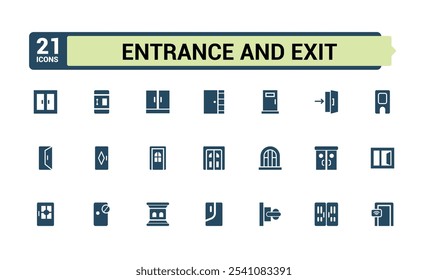 Coleções de ícones sólidos de Entrada e Saída. Contém relacionados a isolados, go, ui, aproximação, segurança, enter e muito mais. Ícones minimalistas da Web e da interface do usuário. Ilustração vetorial.