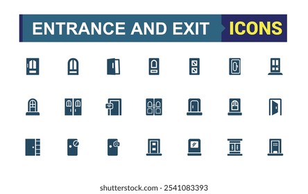 Coleções de ícones sólidos de Entrada e Saída. Contém relacionados a isolados, go, ui, aproximação, segurança, enter e muito mais. Ícones minimalistas da Web e da interface do usuário. Ilustração vetorial.