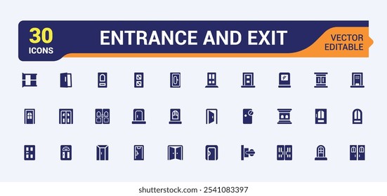 Kollektionen von Ein- und Ausgängen mit durchgezogenen Symbolen. Einschließlich flach gefüllten Schlaganfall, quit, weiß, Ansatz, Tür und mehr. Einfache Symboldesigns. Bearbeitbare Vektorgrafik.