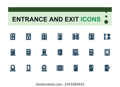 Coleções de ícones sólidos de Entrada e Saída. Contém relacionados a isolados, go, ui, aproximação, segurança, enter e muito mais. Ícones minimalistas da Web e da interface do usuário. Ilustração vetorial.