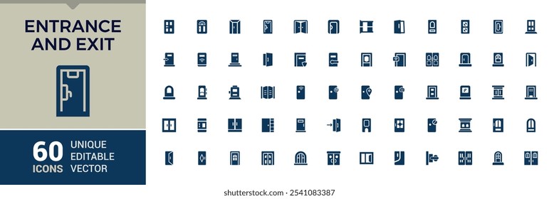 Entrance And Exit solid web icon set. Includes flat solid safety, go, building, button, man, open, doorway, emergency. Minimalist flat icon. Vector illustration in modern filled style.