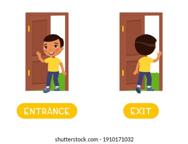 Entrance and exit word card, Opposites concept. Flashcard for English language learning. Little dark skin boy walks in an open door, child walks out into the yard.