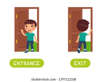 Entrance and exit word card vector template. Opposites concept. Flashcard for english language learning. Little boy walks in an open door, child walks out into the yard.