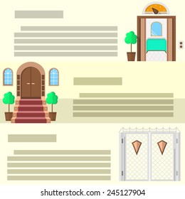 Entrance flat vector icons. Iron gate, facade doors and retro elevator. Set of flat colored vector icons with place for text for some building advertising.