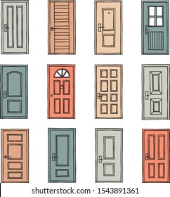 Entrance front door icon isolated on white background vector hand drawn style illustration. Colorful home doorway collection in doodle cartoon design