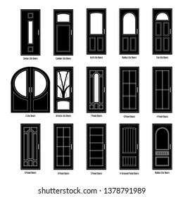 Entrance front doors to houses and buildings, icons set isolated on white background, vector illustration.