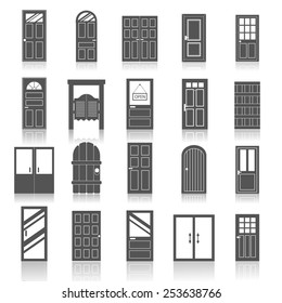 Entrance front doors to houses and buildings,  icons set isolated on white background, vector illustration.  