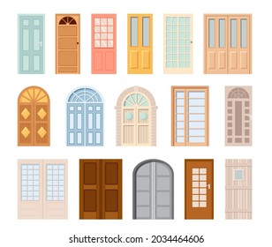 Entrance Front Doors Isolated Vector Icons. Cartoon Interior and Exterior Design Elements for Room or Office Decoration. Glass, Metal or Plastic Doorways and Grates with Windows, Closed Doors Set