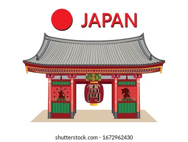 The entrance gate of Asakusa temple Tokyo Japan called kaminarimon gate with red lantern have kanji text mean Thunder gate and text banner kanji text mean golden dragon mountain drawing in vector