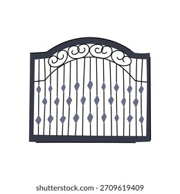 Portão de entrada com um topo arqueado com pergaminhos decorativos e barras verticais, melhorando a privacidade doméstica e agindo como uma forte barreira para a proteção e segurança da propriedade