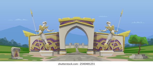 Entrance gate of the kingdom with an arch and a wall decorated with mosaics. A statue of a warrior in armor with a spear guards the road leading to the city. Panorama, vector cartoon illustration.