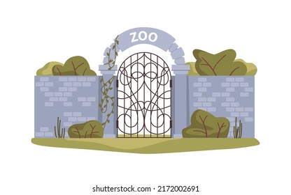 Entrance gate to zoo, nature reserve conservation of exotic flora and fauna. Wall of bricks, arch with metal doors leading to zoological garden. Flat cartoon, vector illustration - Shutterstock ID 2172002691