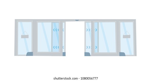 Entrance glass doors, sliders, for offices, supermarkets, airports, exterior for business buildings. Flat vector illustration in cartoon style isolated on white background.