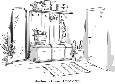 Entrance hall of an apartment, interior design vector sketch