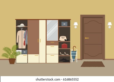 Entrance hall in the apartment. There is a cabinet with things, an umbrella, a flower in a pot and other objects on the door background in the picture. Vector flat illustration.