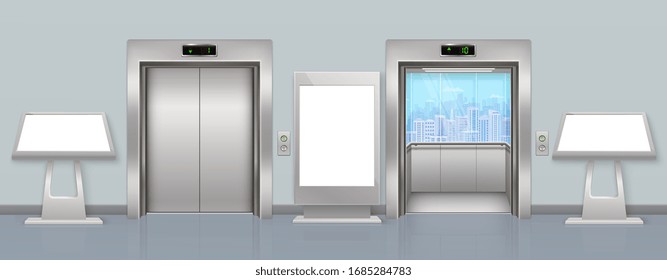 Entrance hall with open and closed bodice, advertising empty floor stand and touch screen terminals.
