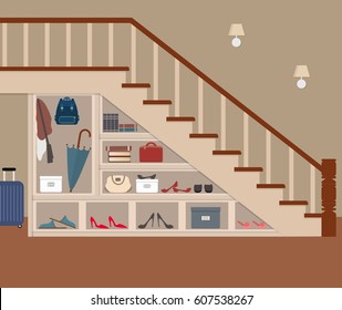 Entrance hall under the stairs. On the shelves are bags, shoes, umbrella, books, boxes and other objects. Vector flat illustration.
