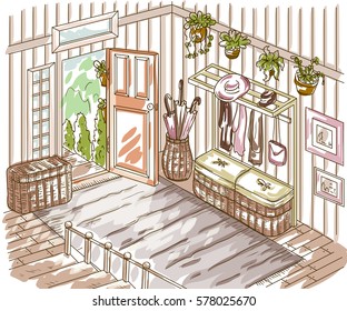Entrance hallway interior with staircase, storage furniture, pictures, plants and open door . Vintage hand drawn vector illustration in watercolor style