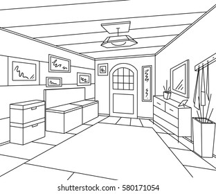 Entrance hallway interior with storage furniture, pictures and bench. Vintage hand drawn vector illustration in sketch style