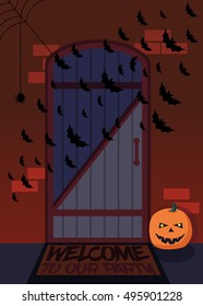 The entrance of the house with bats and pumpkins decorated for Halloween. Old front door made of wood. Scary entry to the witch house. Vector illustration.