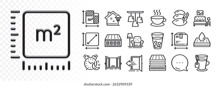 Entrance, Ice tea and Square meter line icons for web app. Glare of light effect. Message icon. Pack of Square area, Ceiling lamp, Cappuccino pictogram icons. Alarm, Tea, Open door signs. Vector