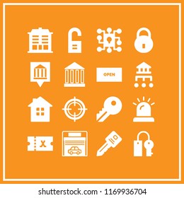 entrance icon. 16 entrance vector set. key, museum location, garage and bank symbol icons for web and design about entrance theme