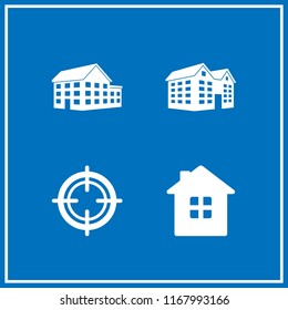 entrance icon. 4 entrance vector set. big house building of three floors, building of big houses style, house and peephole icons for web and design about entrance theme
