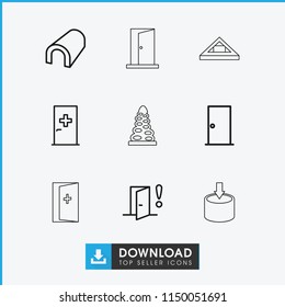 Entrance icon. collection of 9 entrance outline icons such as aid post, door, tunnel, door warning. editable entrance icons for web and mobile.