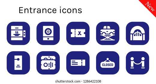  entrance icon set. 10 filled entrance icons. Simple modern icons about  - Elevator, Event, Ticket, Door, Door hanger, Plane ticket, Closed, Velvet