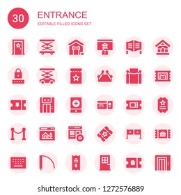 entrance icon set. Collection of 30 filled entrance icons included Door, Elevator, Dog house, Password, Lift, Ticket, Red carpet, Event, Homepage, Entrance, Keypad