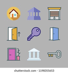 entrance icon set. vector set about key, house, garage and door icons set.